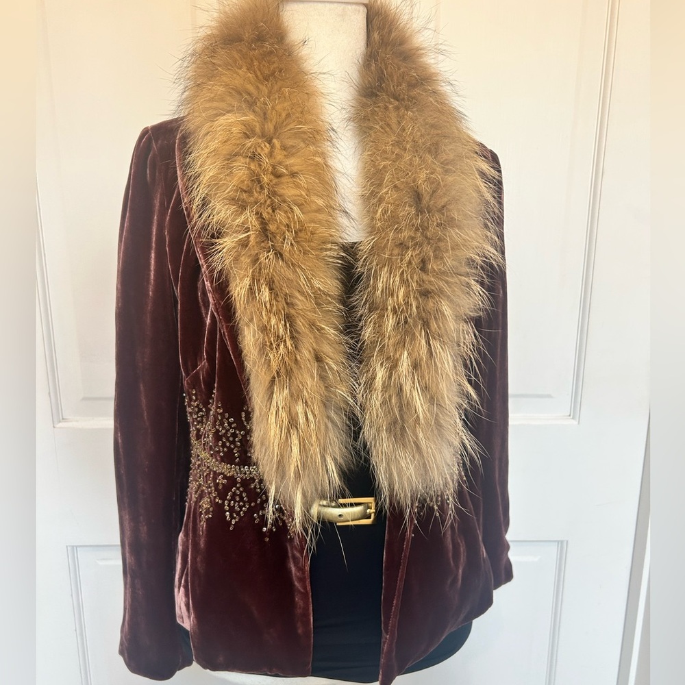 Central Park West Velvet Blazer with Faux Fur Collar